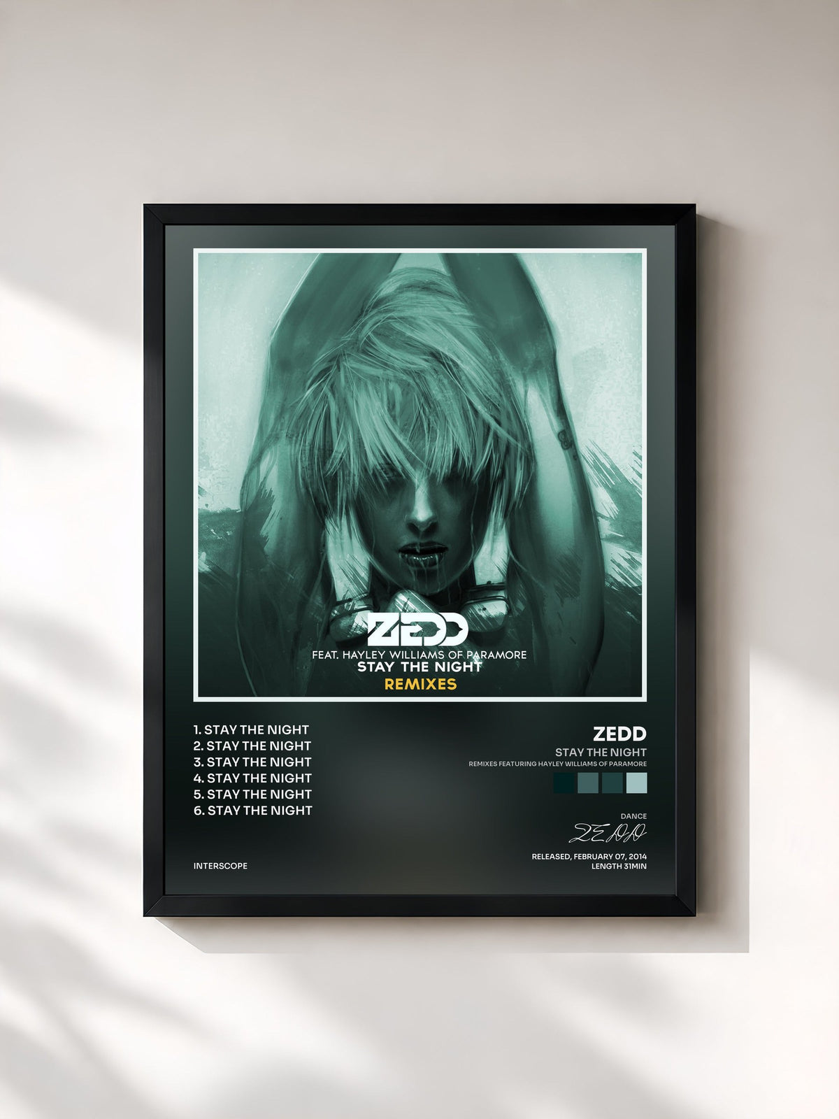 #noir Tableau de l'album Stay The Night (Remixes Featuring Hayley Williams Of Paramore) de ZEDD, cadre noir, imprimé et encadré en France