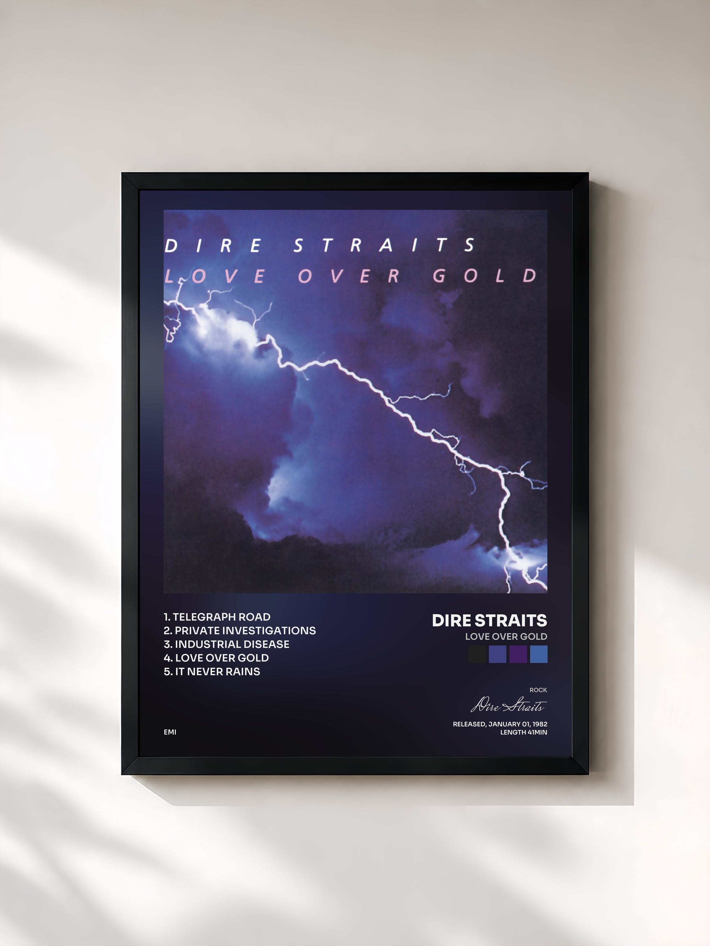 #noir Tableau de l'album Love Over Gold de Dire Straits, cadre noir, imprimé et encadré en France