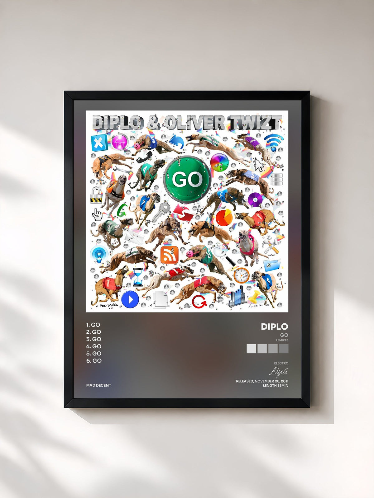 #noir Tableau de l'album GO (Remixes) de Diplo, cadre noir, imprimé et encadré en France