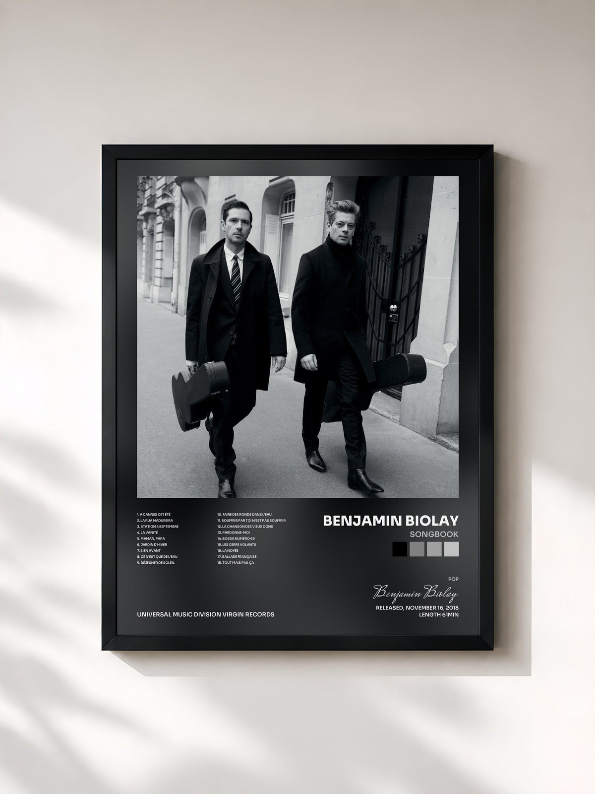 #noir Songbook by Benjamin Biolay as a framed art print, black frame, printed and framed in France