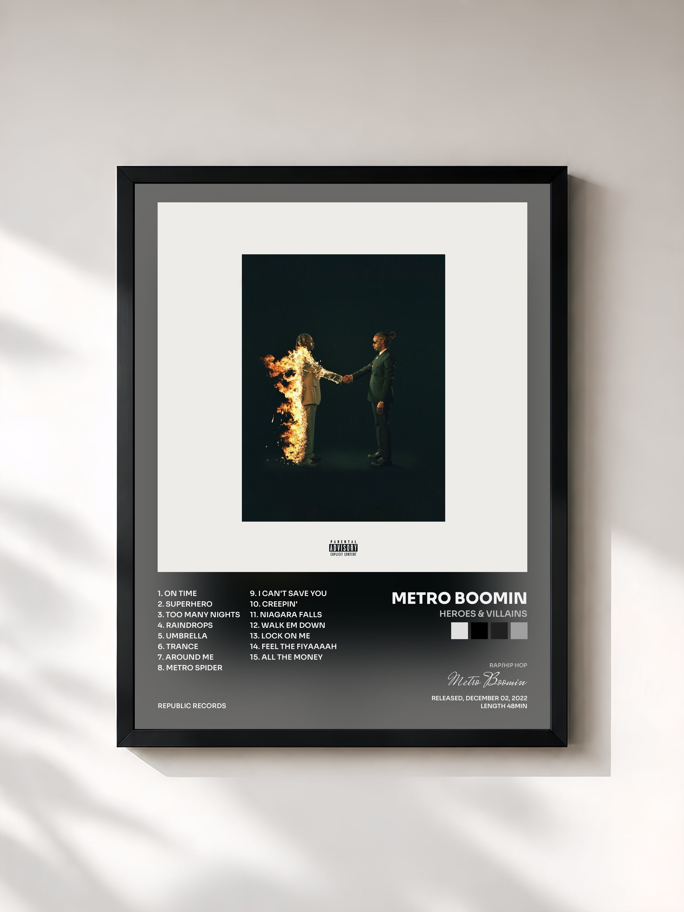 #noir Tableau de l'album HEROES & VILLAINS de Metro Boomin, cadre noir, imprimé et encadré en France