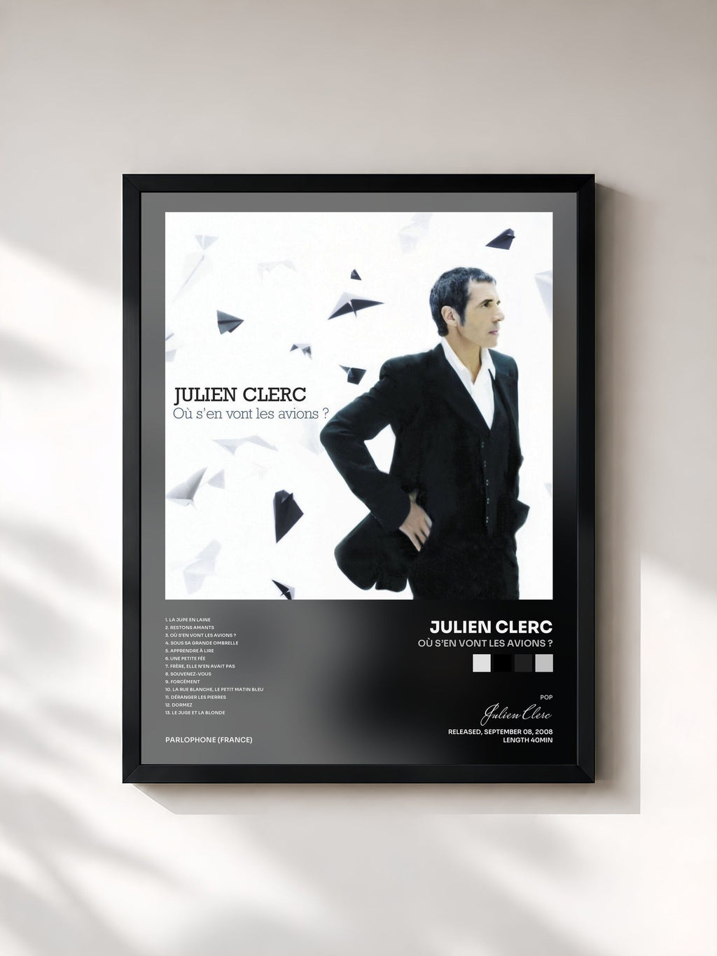 #noir Tableau de l'album Où s’en vont les avions ? de Julien Clerc, cadre noir, imprimé et encadré en France