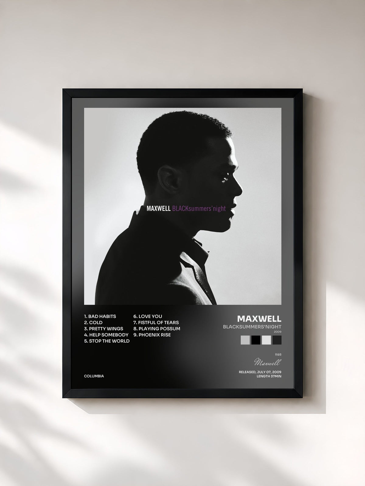 #noir Tableau de l'album BLACKsummers'night (2009) de Maxwell, cadre noir, imprimé et encadré en France