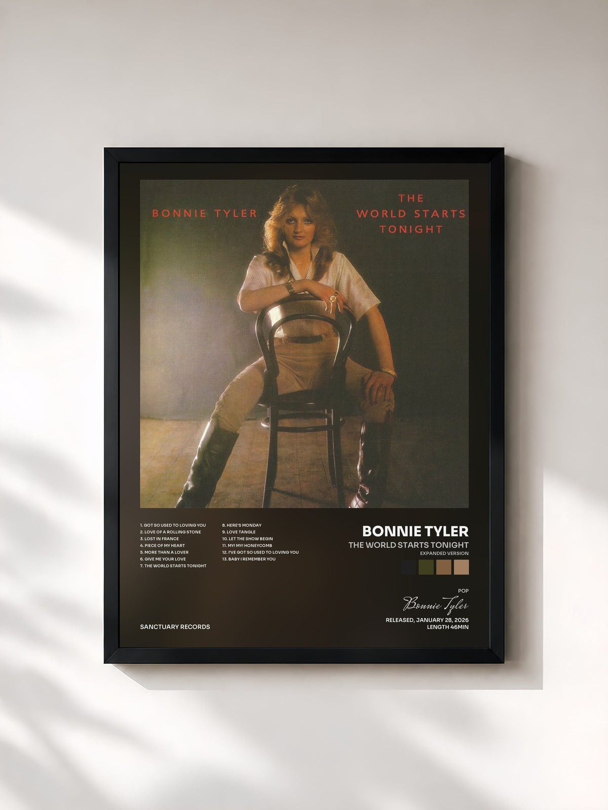 #noir Tableau de l'album The World Starts Tonight (Expanded Version) de Bonnie Tyler, cadre noir, imprimé et encadré en France