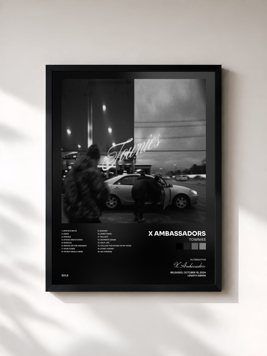 #noir Townies de X Ambassadors en lámina enmarcada, marco negro, impresa y enmarcada en Francia