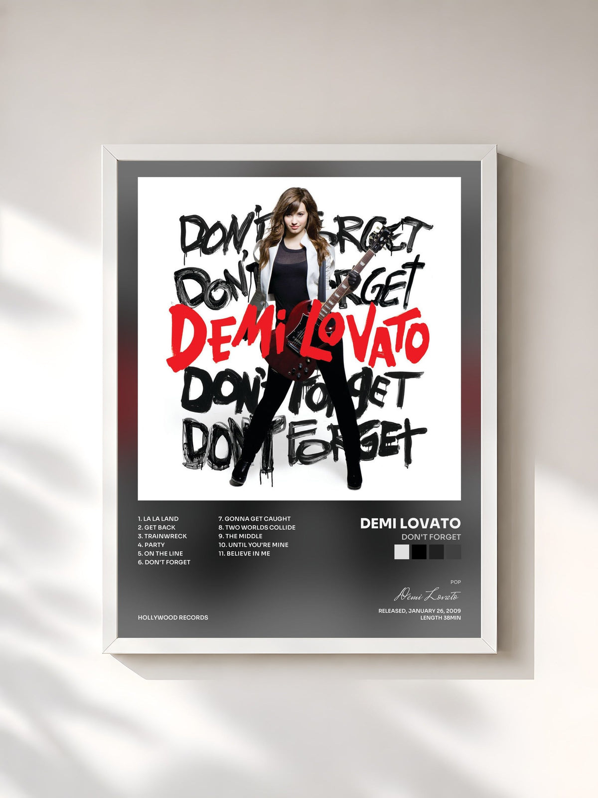 #blanc Tableau de l'album Don't Forget de Demi Lovato, cadre blanc, imprimé et encadré en France