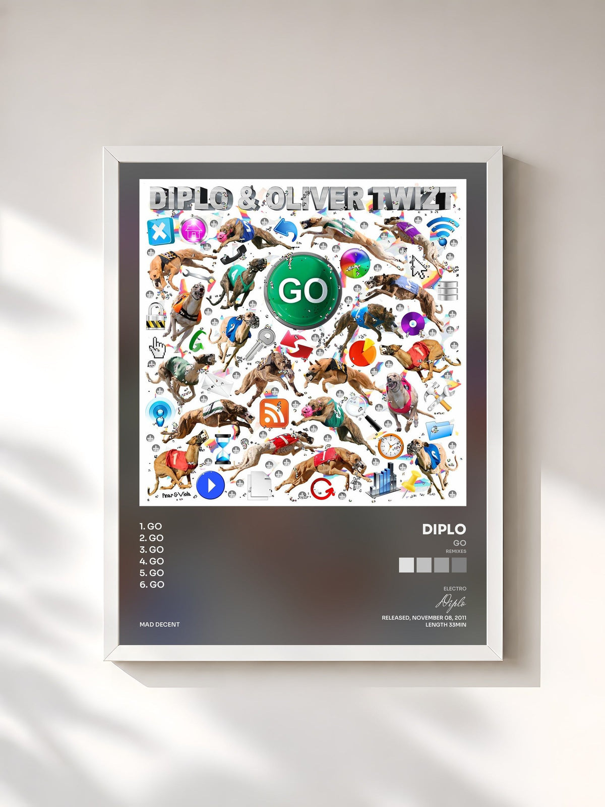 #blanc Tableau de l'album GO (Remixes) de Diplo, cadre blanc, imprimé et encadré en France