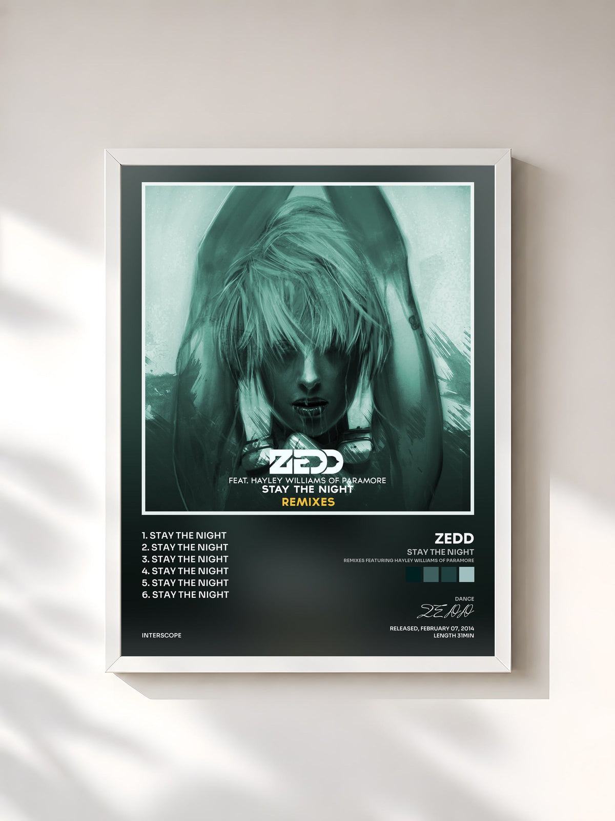 #blanc Tableau de l'album Stay The Night (Remixes Featuring Hayley Williams Of Paramore) de ZEDD, cadre blanc, imprimé et encadré en France