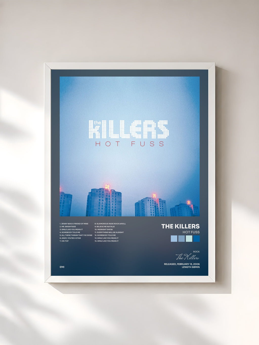 #blanc Tableau de l'album Hot Fuss de The Killers, cadre blanc, imprimé et encadré en France