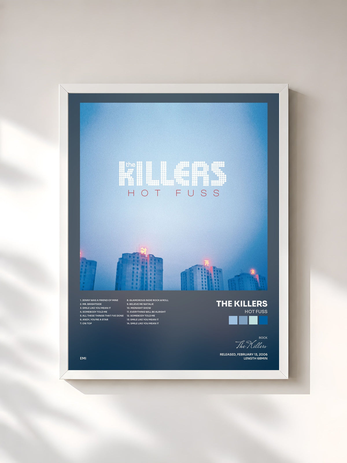 #blanc Tableau de l'album Hot Fuss de The Killers, cadre blanc, imprimé et encadré en France