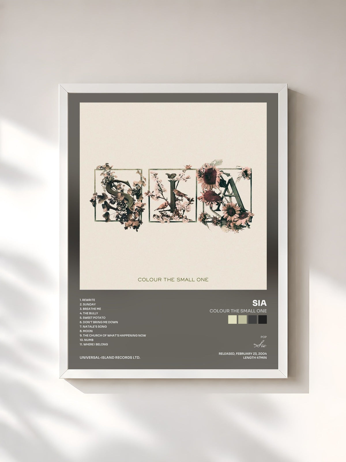 #blanc Tableau de l'album Colour The Small One de Sia, cadre blanc, imprimé et encadré en France