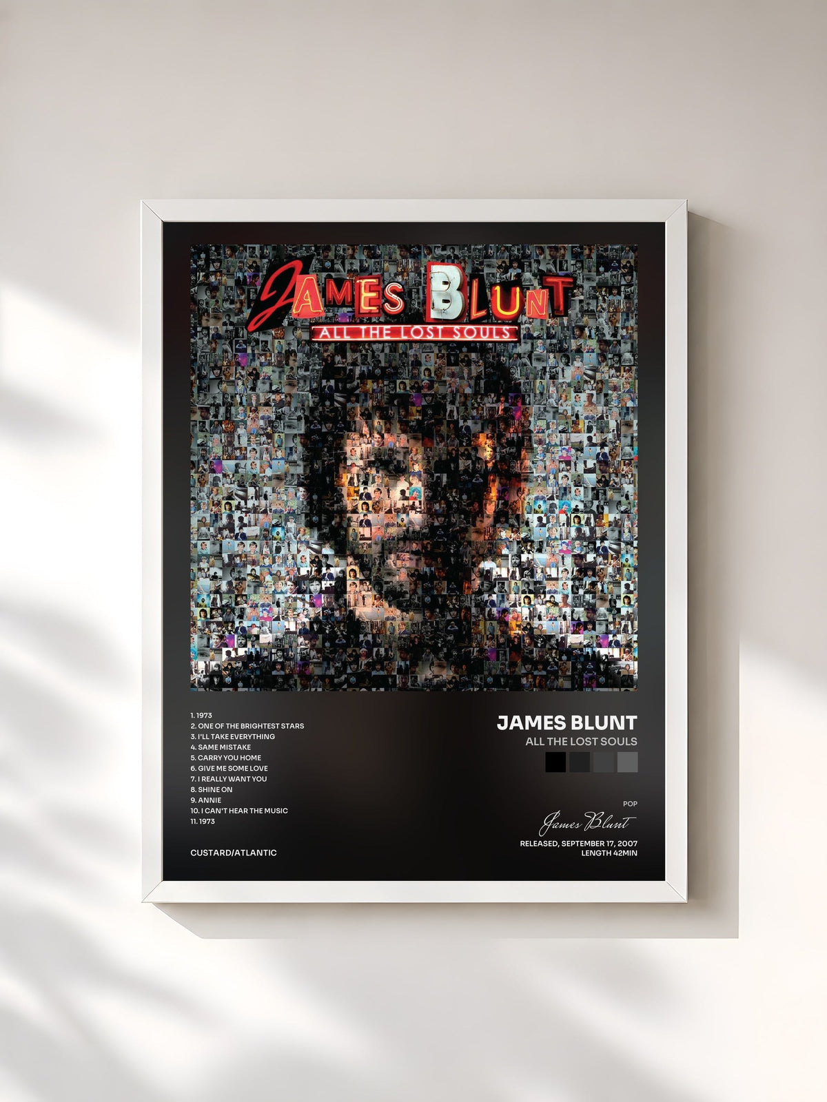 #blanc Tableau de l'album All the Lost Souls de James Blunt, cadre blanc, imprimé et encadré en France