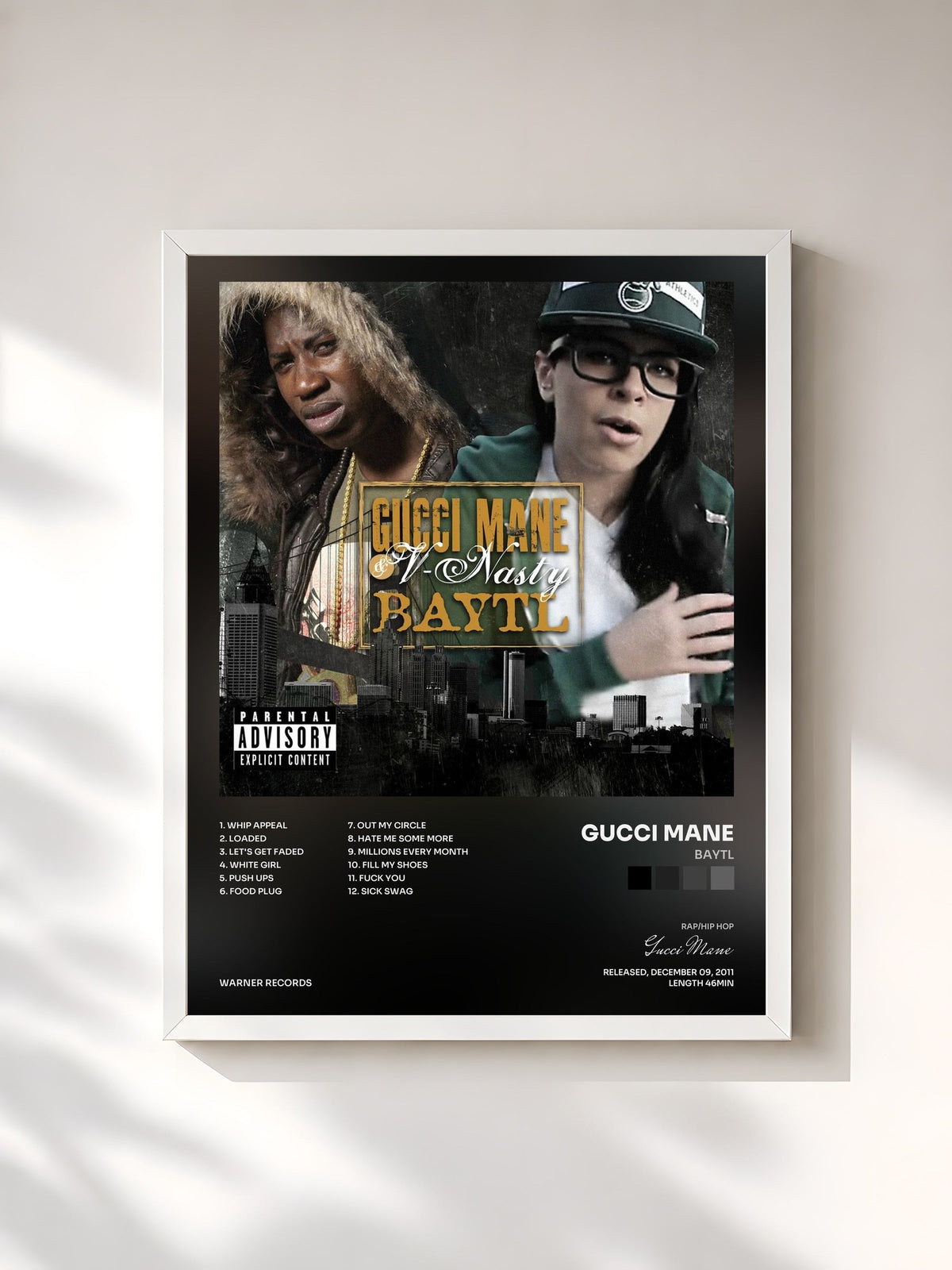 #blanc BAYTL de Gucci Mane en lámina enmarcada, marco blanco, impresa y enmarcada en Francia