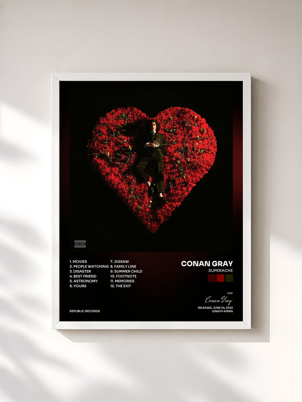 #blanc Tableau de l'album Superache de Conan Gray, cadre blanc, imprimé et encadré en France