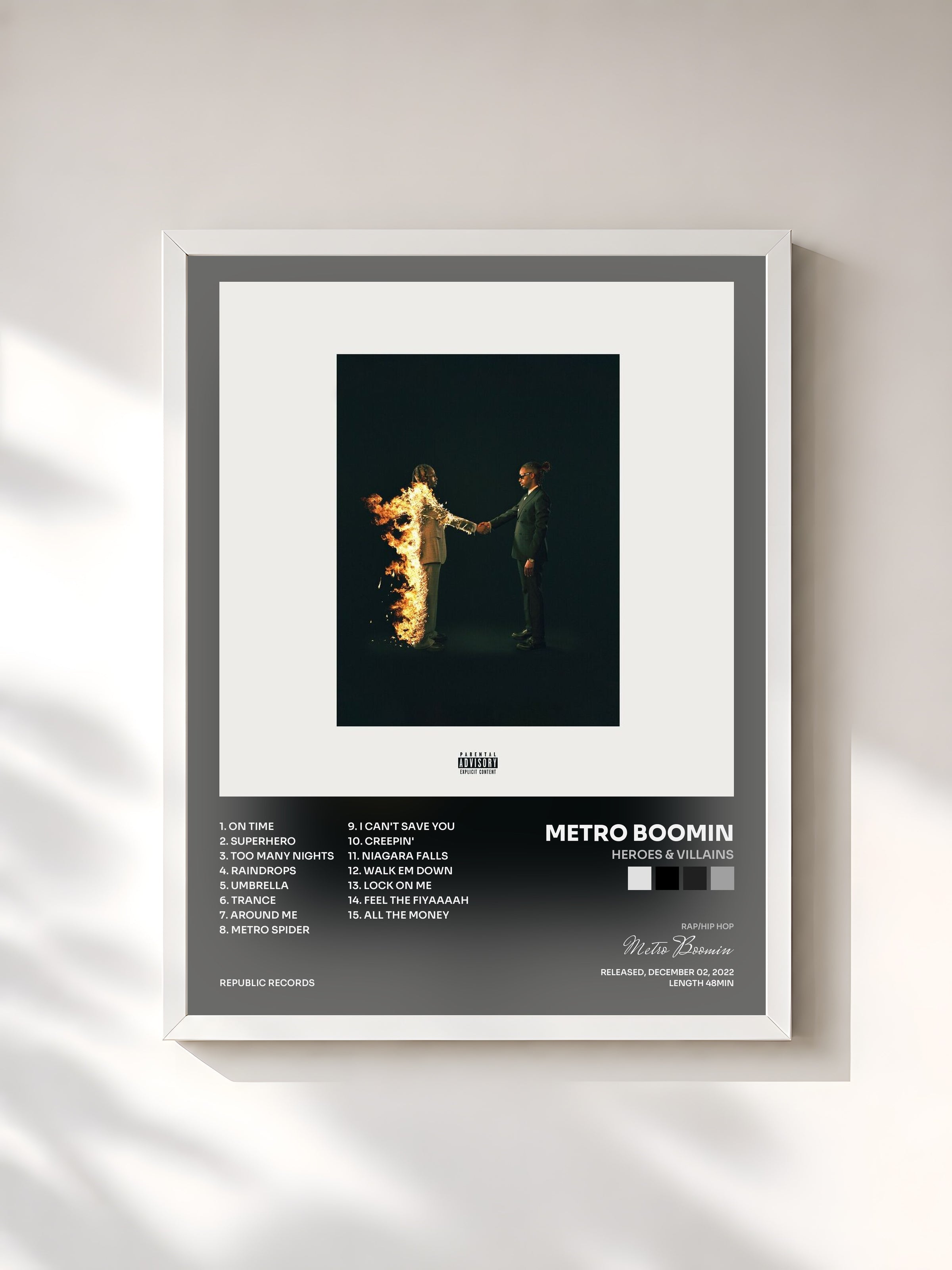#blanc Tableau de l'album HEROES & VILLAINS de Metro Boomin, cadre blanc, imprimé et encadré en France