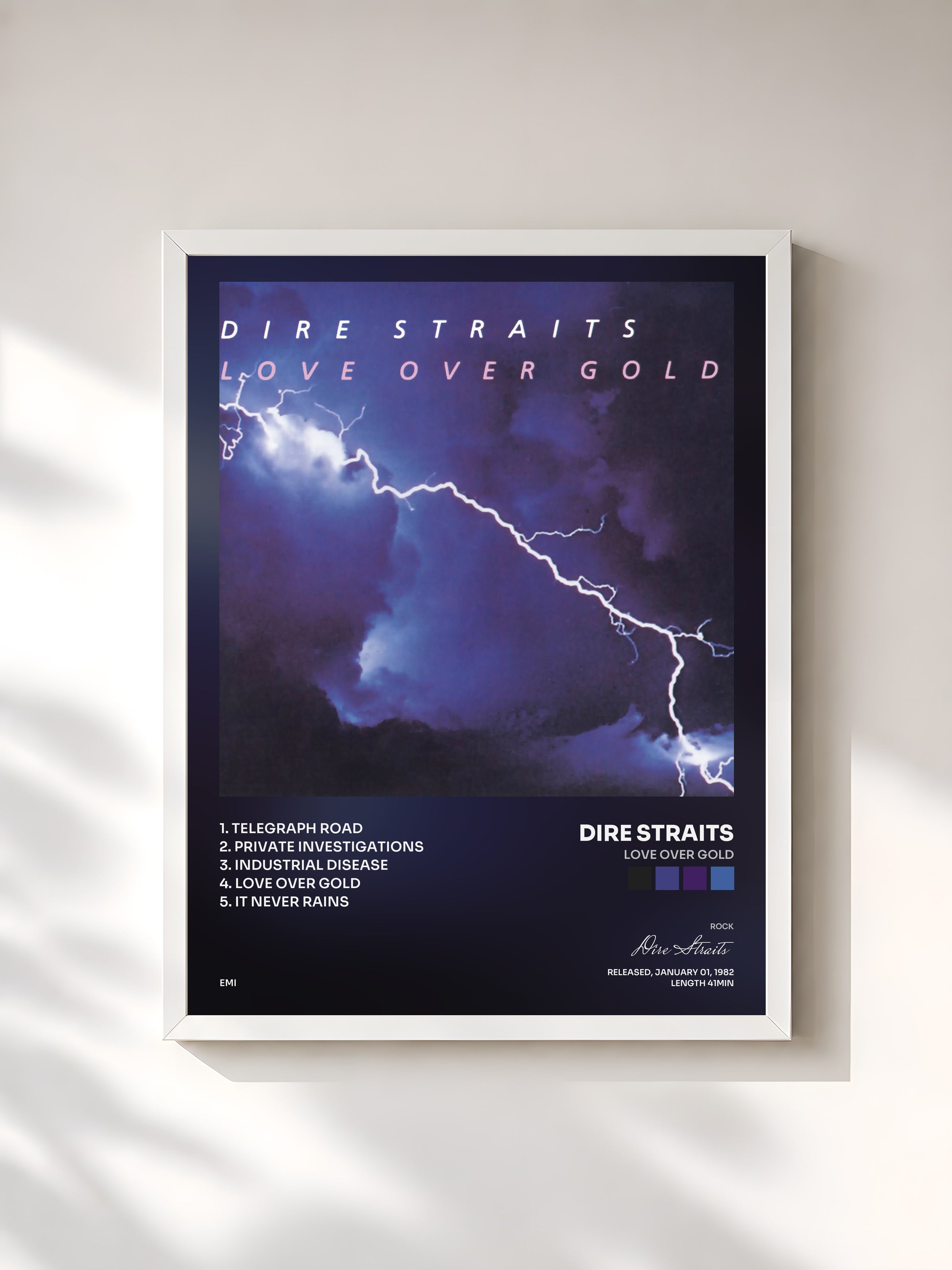 #blanc Tableau de l'album Love Over Gold de Dire Straits, cadre blanc, imprimé et encadré en France