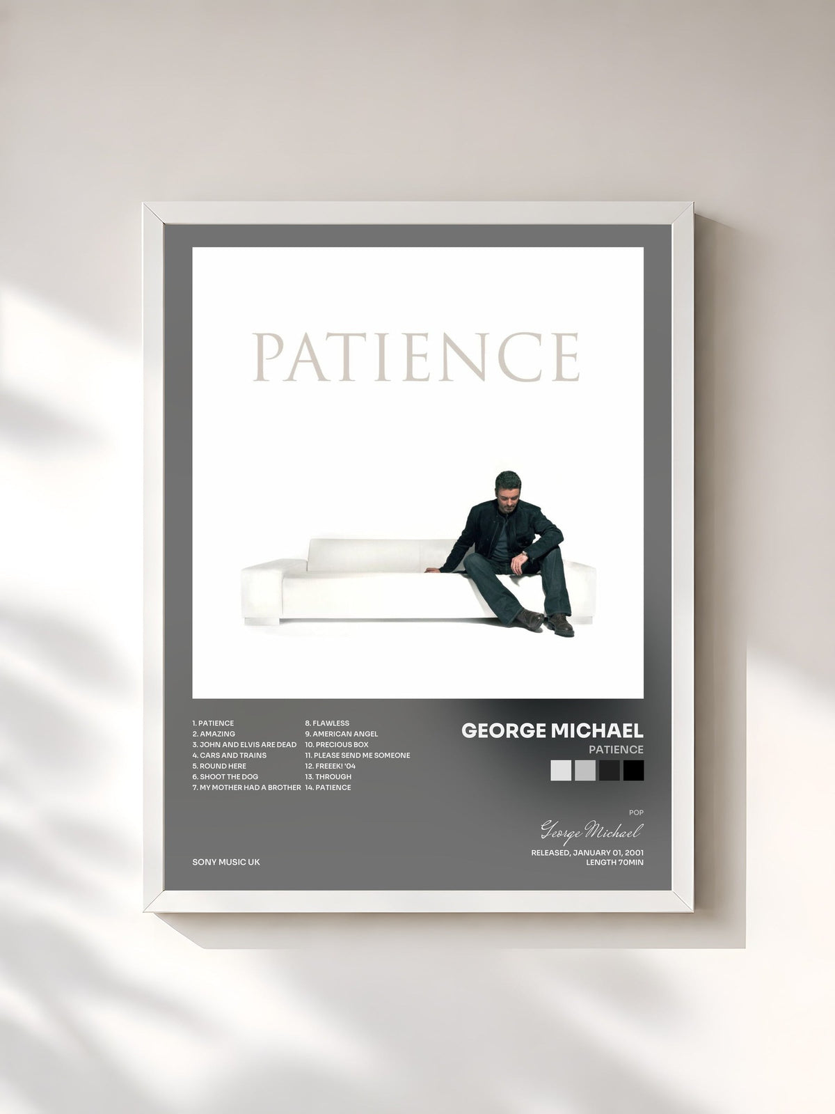 #blanc Tableau de l'album Patience de George Michael, cadre blanc, imprimé et encadré en France