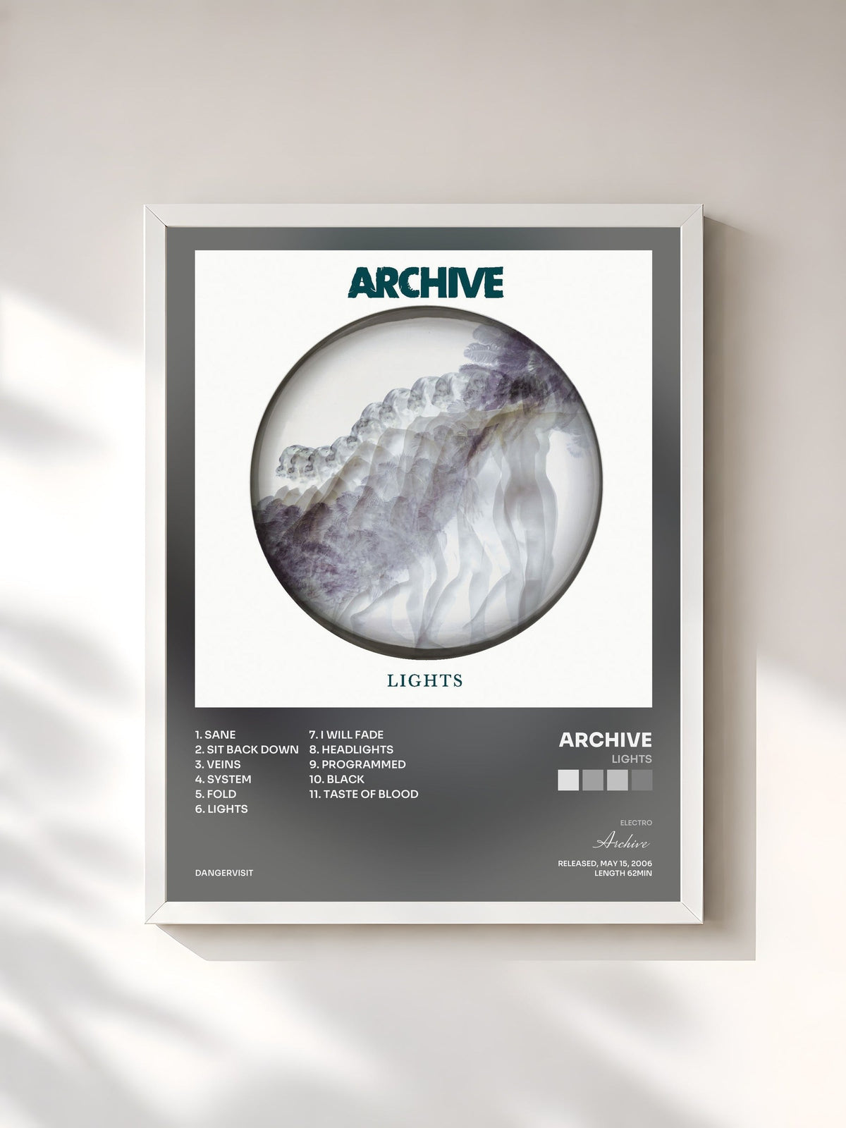 #blanc Tableau de l'album Lights de Archive, cadre blanc, imprimé et encadré en France