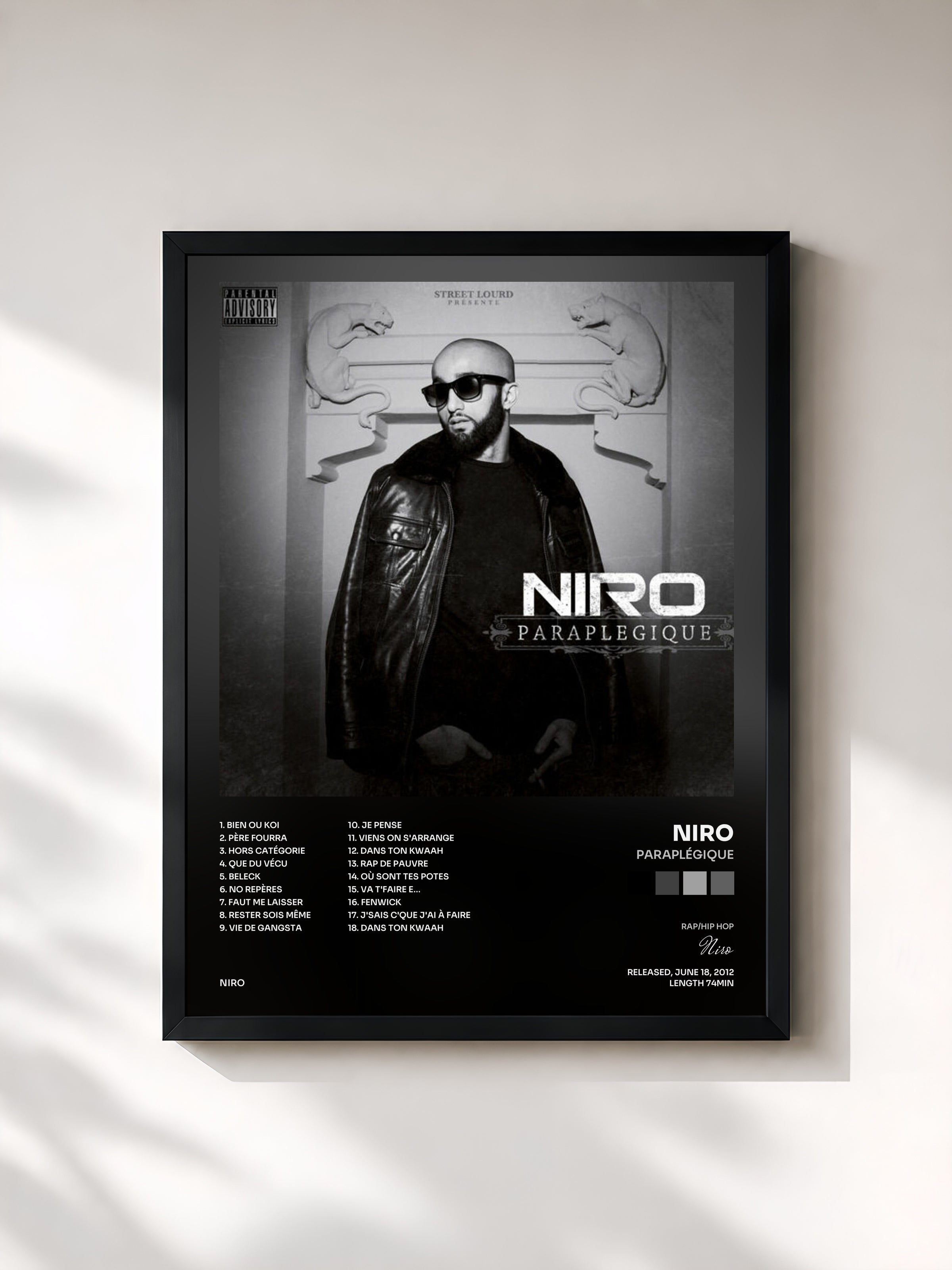 #noir Tableau de l'album Paraplégique de Niro, cadre noir, imprimé et encadré en France