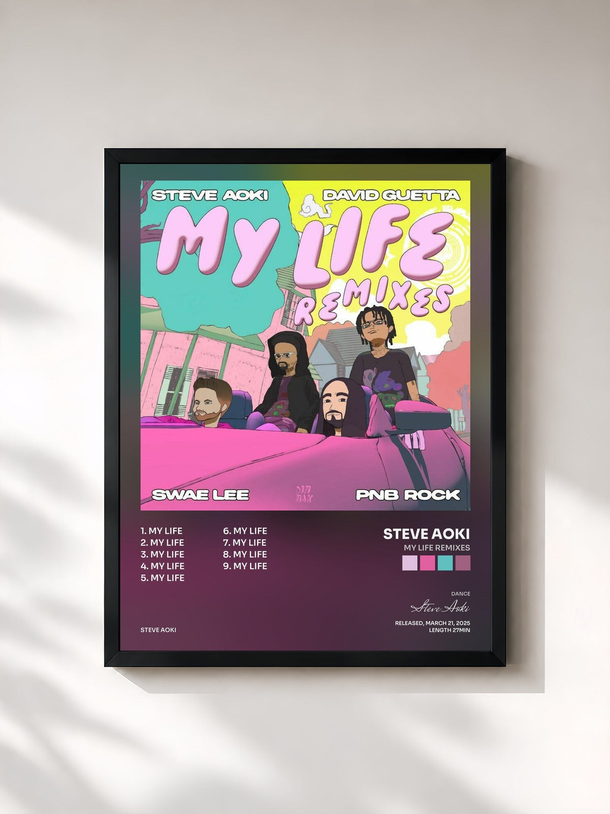 #noir Tableau de l'album My Life Remixes de Steve Aoki, cadre noir, imprimé et encadré en France