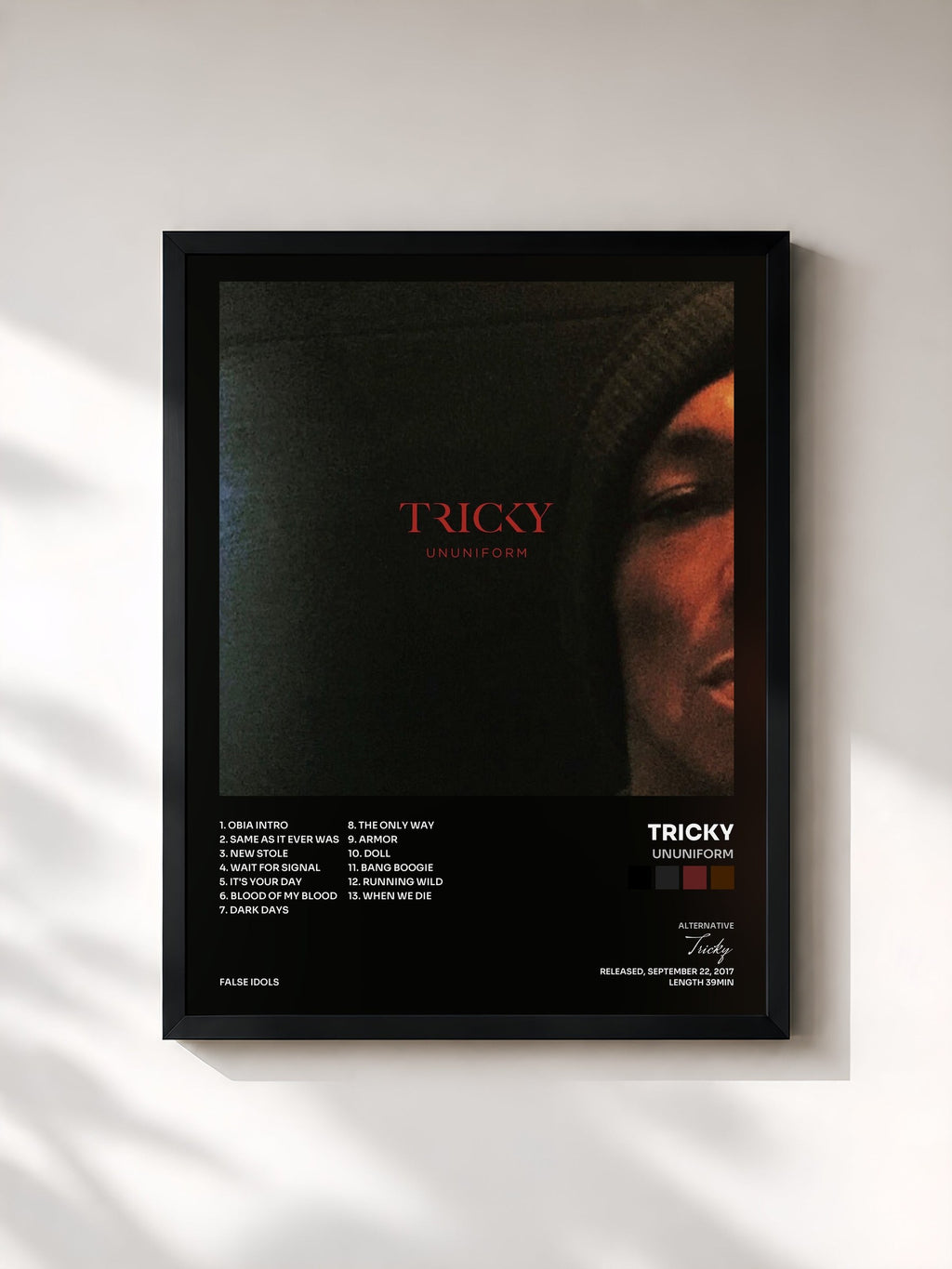 #noir Tableau de l'album ununiform de Tricky, cadre noir, imprimé et encadré en France
