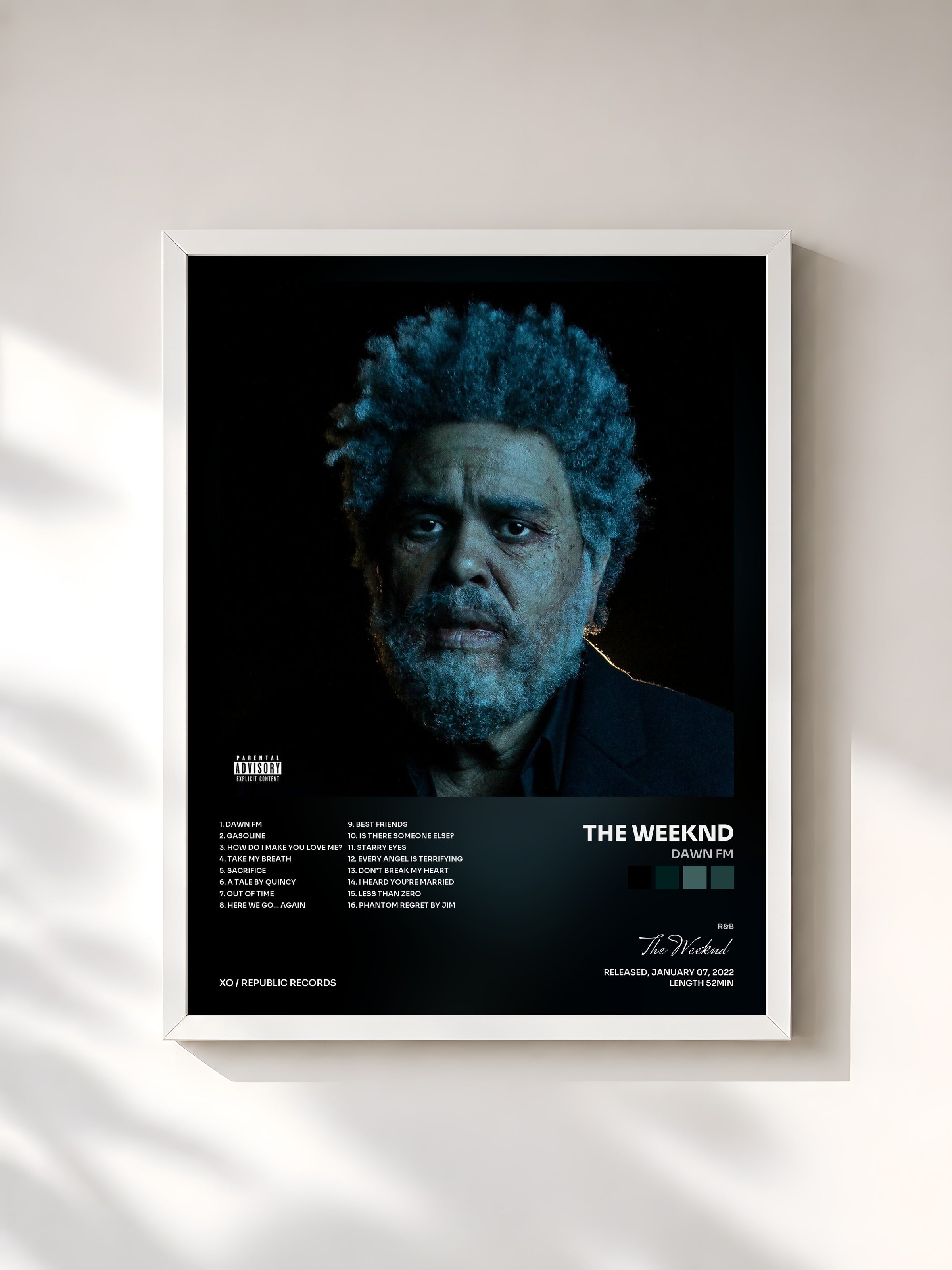#blanc Dawn FM de The Weeknd en lámina enmarcada, marco blanco, impresa y enmarcada en Francia