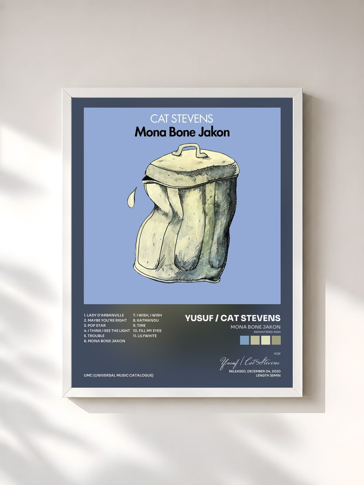 #blanc Tableau de l'album Mona Bone Jakon (Remastered 2020) de Yusuf / Cat Stevens, cadre blanc, imprimé et encadré en France