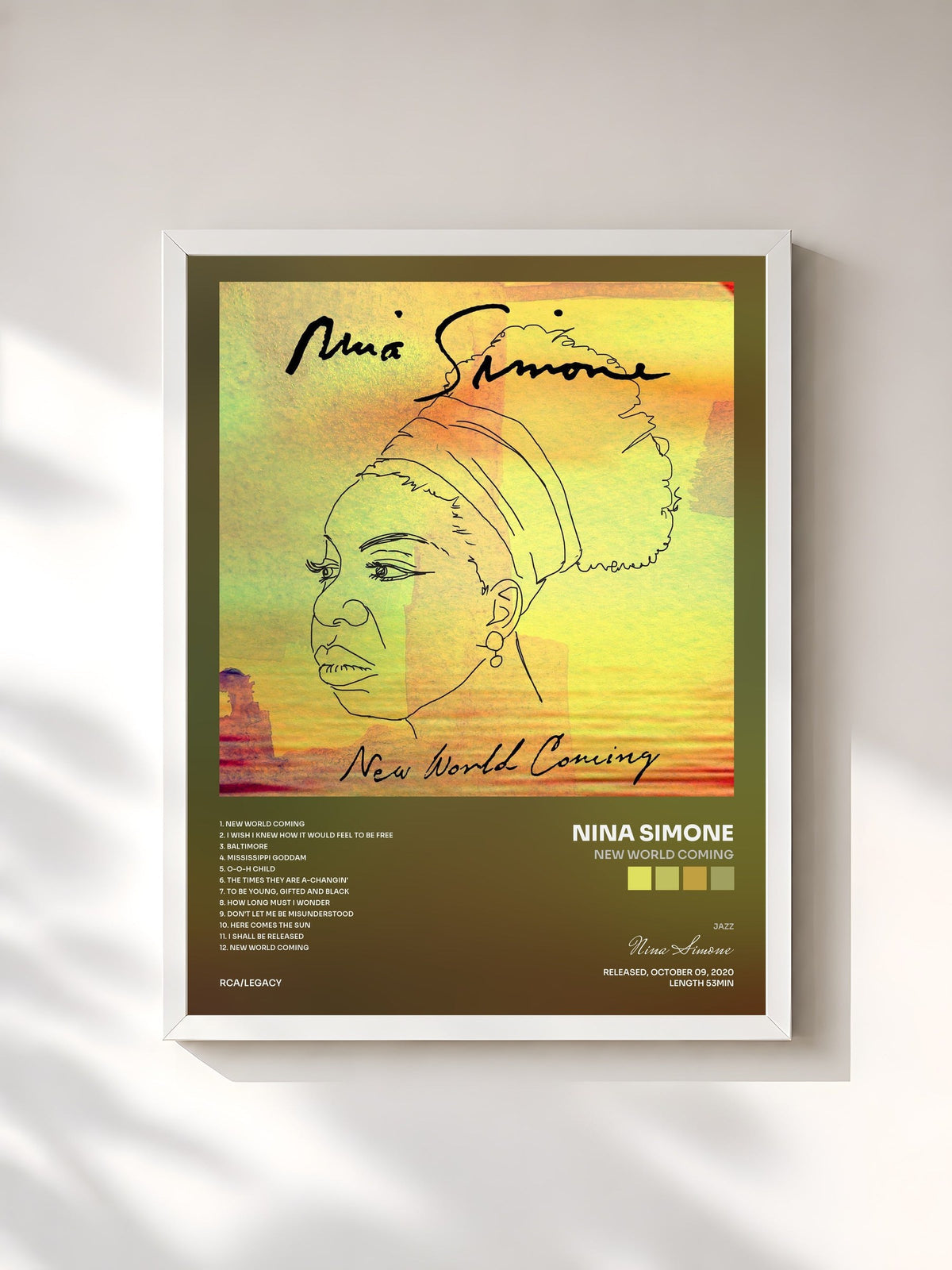 #blanc Tableau de l'album New World Coming de Nina Simone, cadre blanc, imprimé et encadré en France