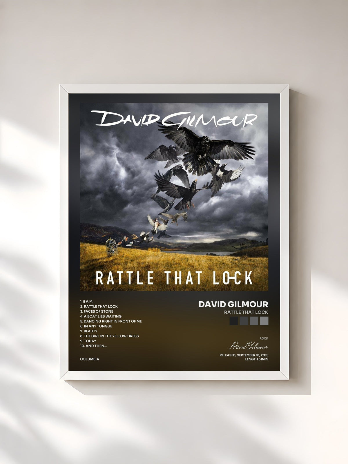#blanc Tableau de l'album Rattle That Lock de David Gilmour, cadre blanc, imprimé et encadré en France