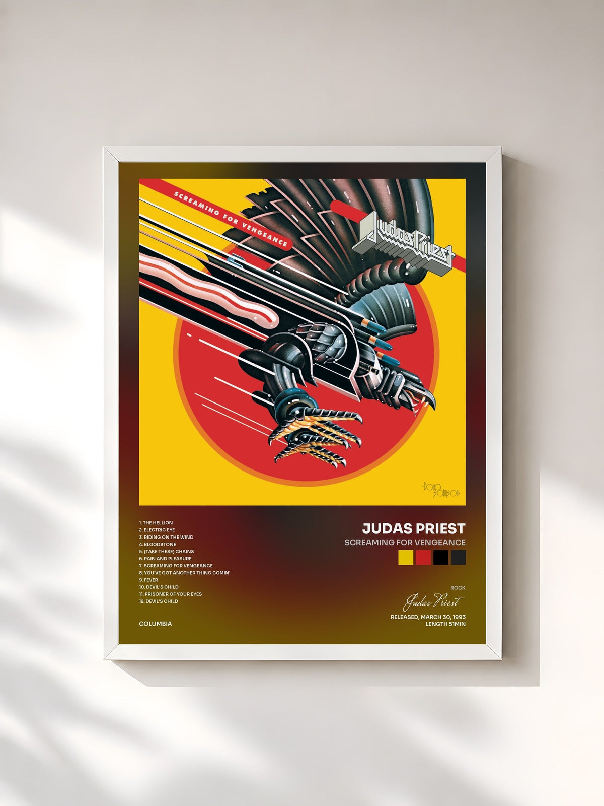 #blanc Tableau de l'album Screaming For Vengeance de Judas Priest, cadre blanc, imprimé et encadré en France