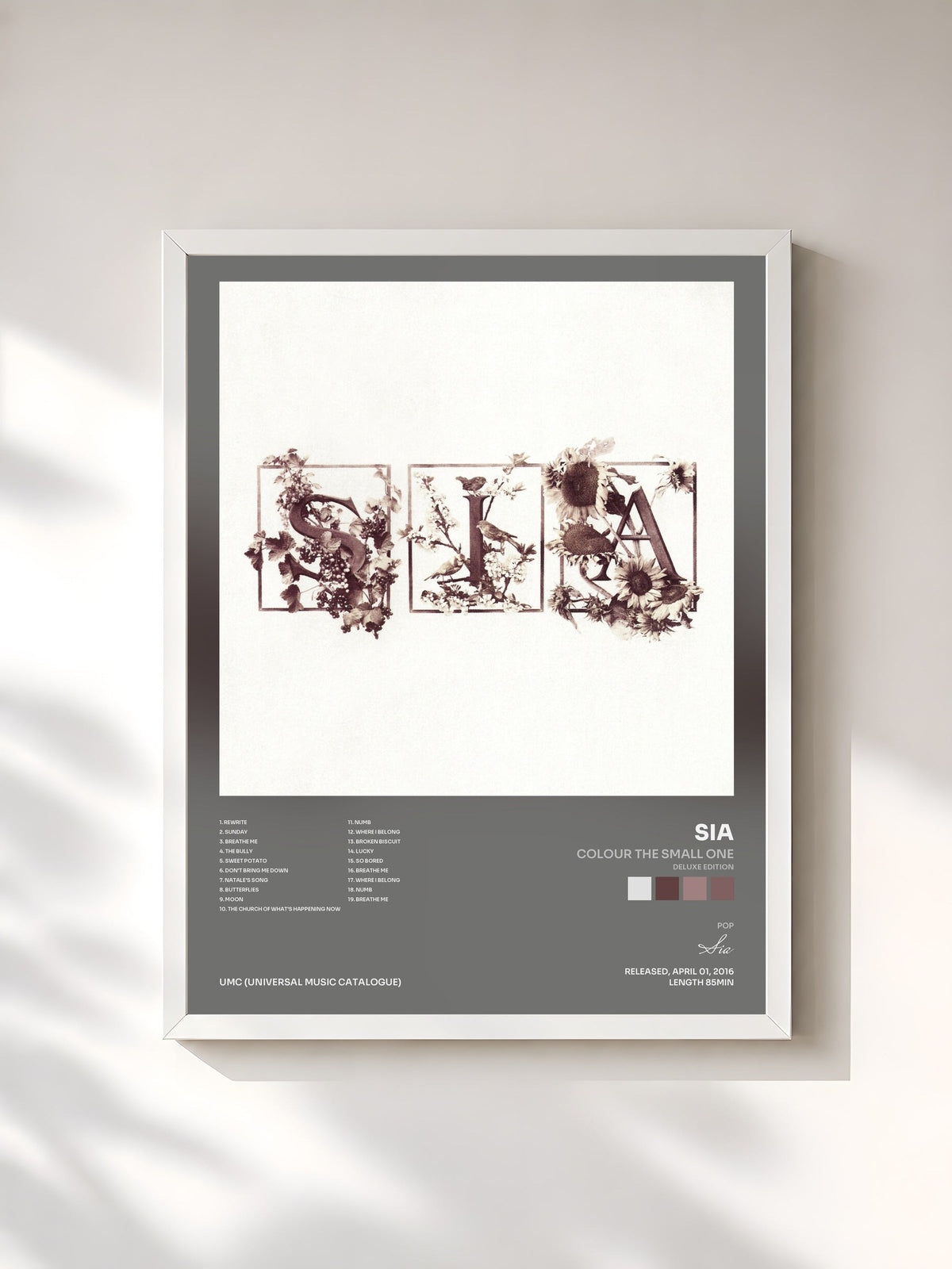 #blanc Tableau de l'album Colour The Small One (Deluxe Edition) de Sia, cadre blanc, imprimé et encadré en France