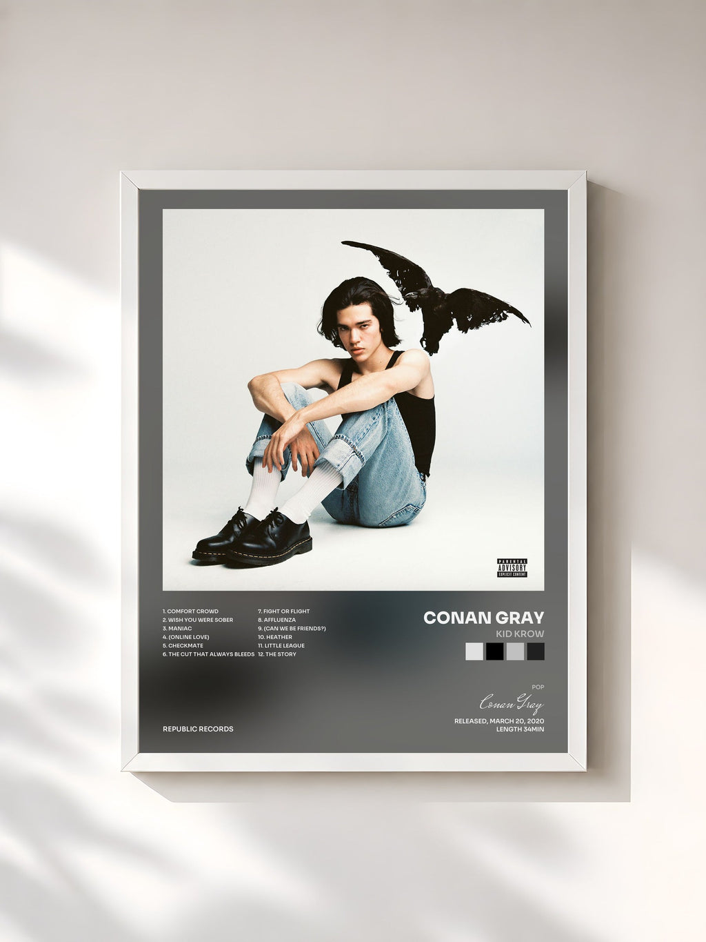 #blanc Tableau de l'album Kid Krow de Conan Gray, cadre blanc, imprimé et encadré en France