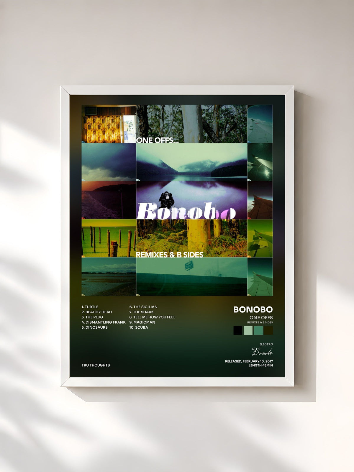 #blanc Tableau de l'album One Offs (Remixes & B Sides) de Bonobo, cadre blanc, imprimé et encadré en France
