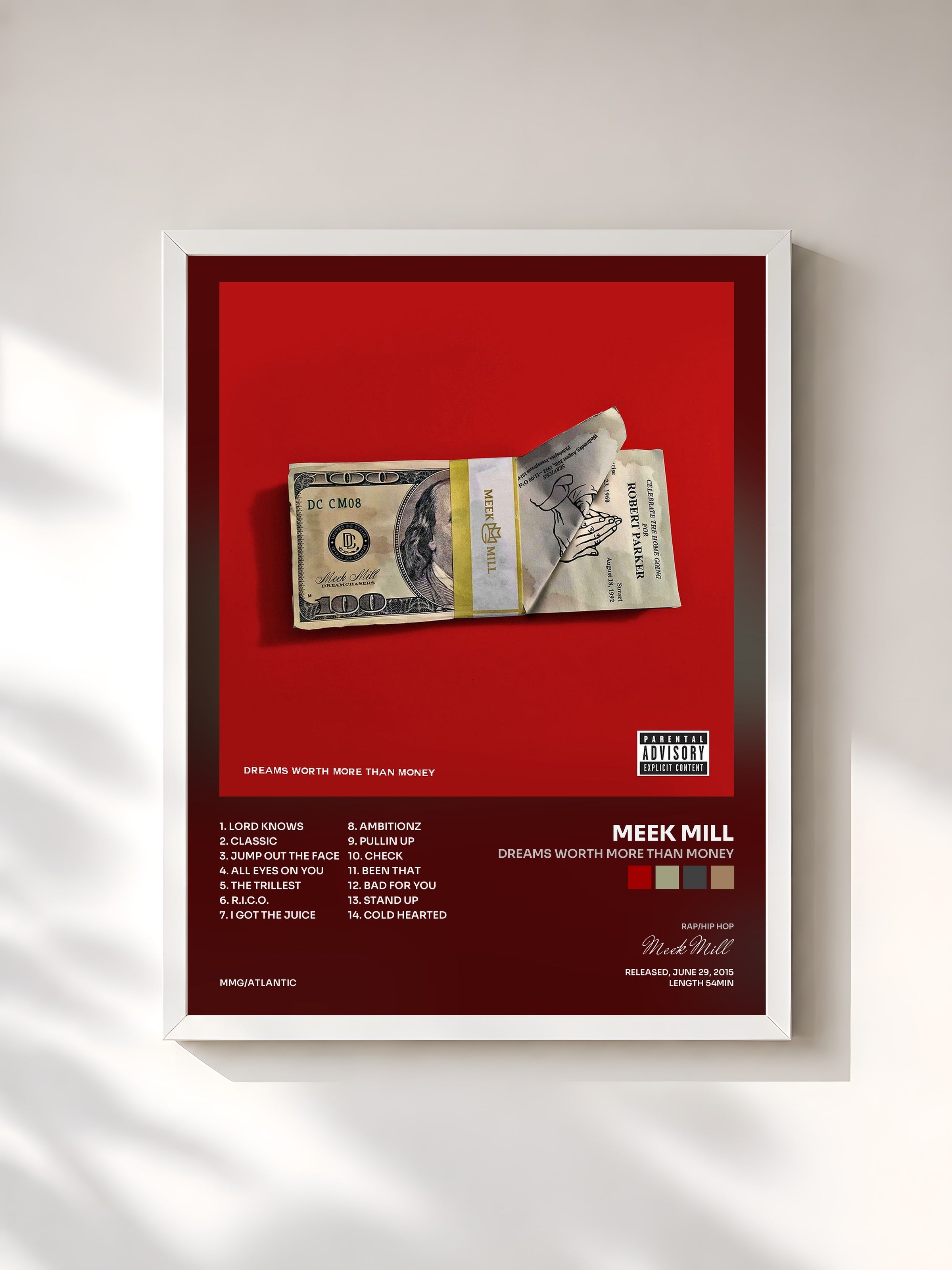 #blanc Dreams Worth More Than Money by Meek Mill as a framed art print, white frame, printed and framed in France