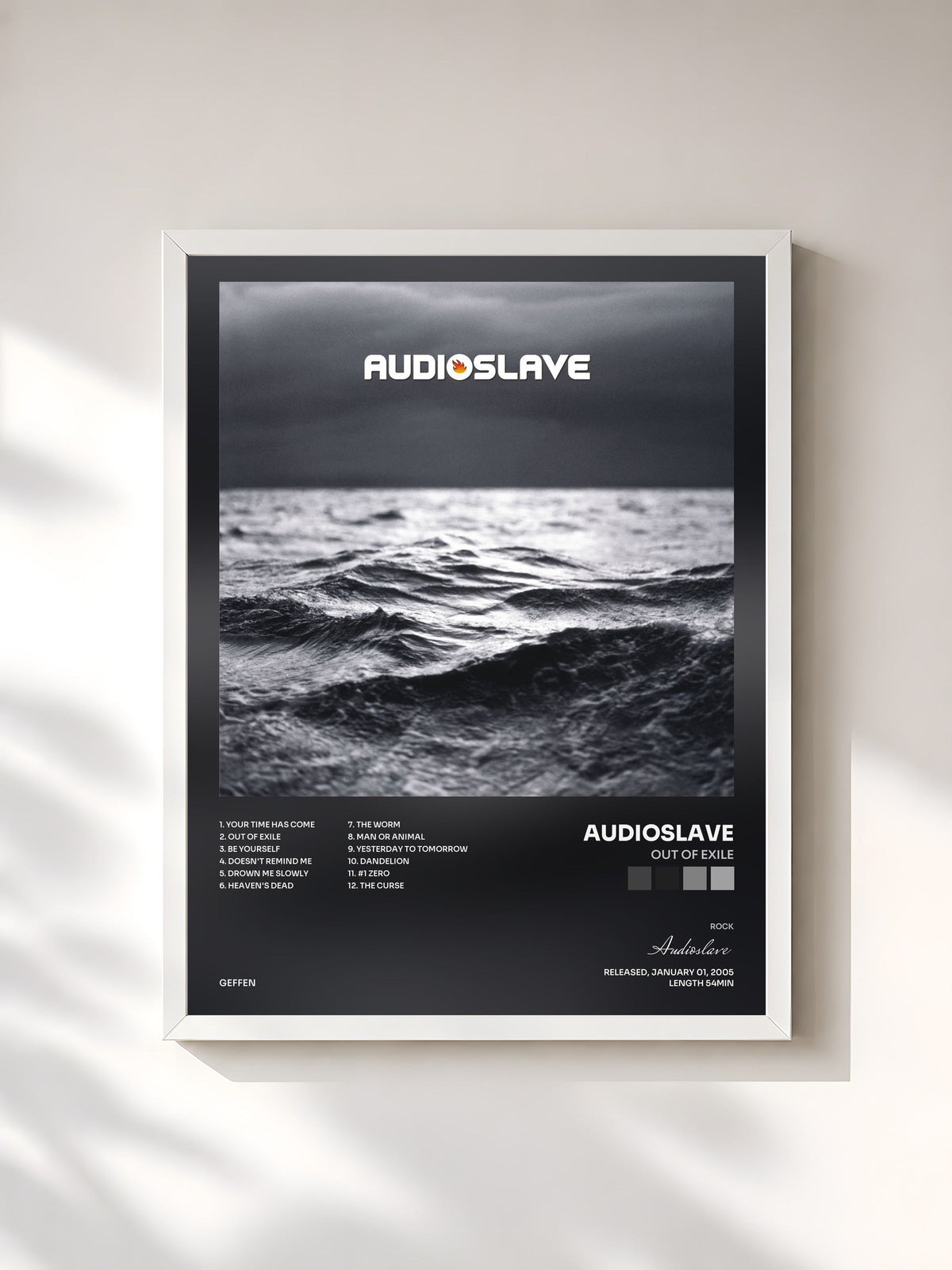 #blanc Tableau de l'album Out of Exile de Audioslave, cadre blanc, imprimé et encadré en France