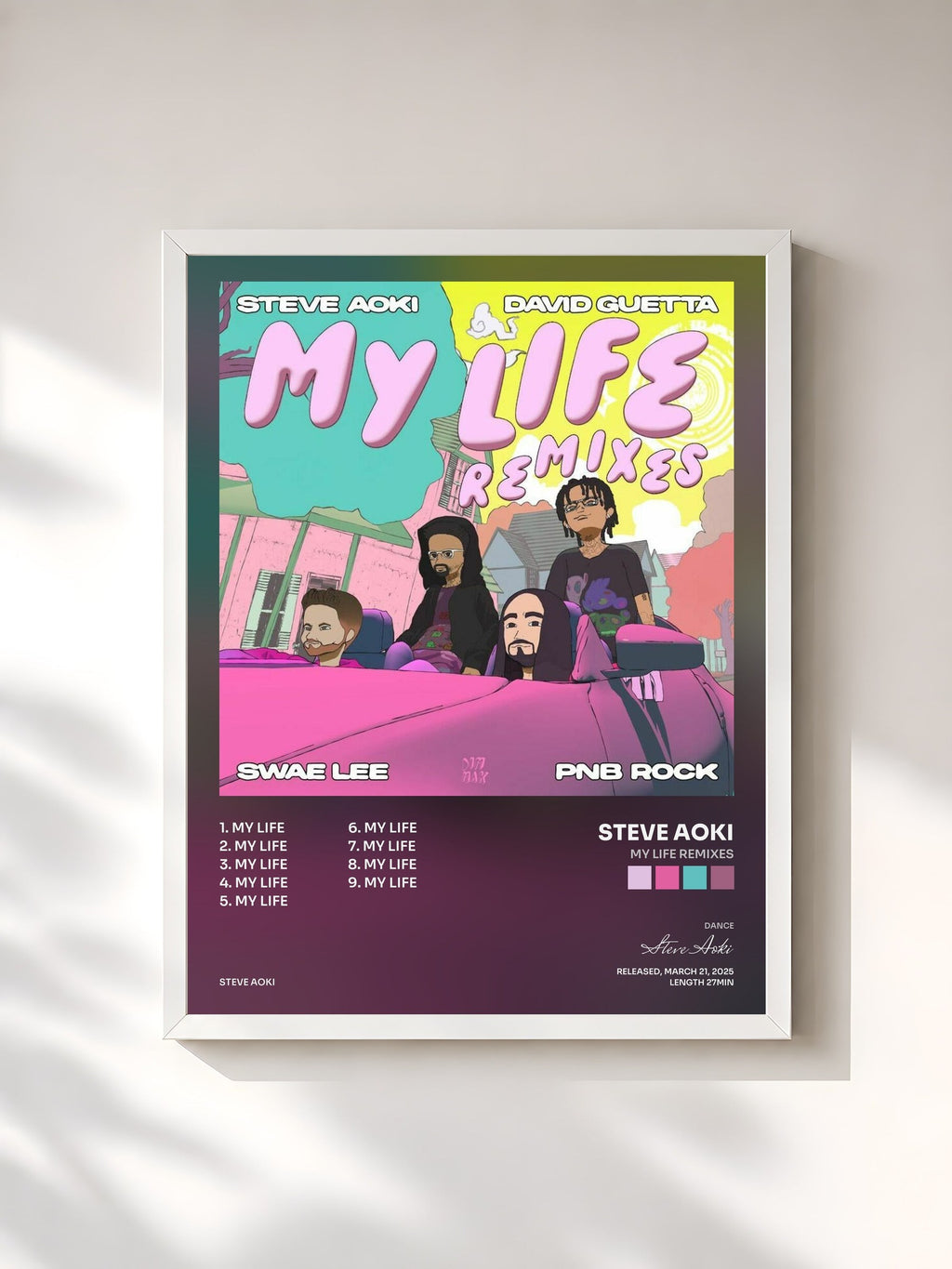 #blanc Tableau de l'album My Life Remixes de Steve Aoki, cadre blanc, imprimé et encadré en France