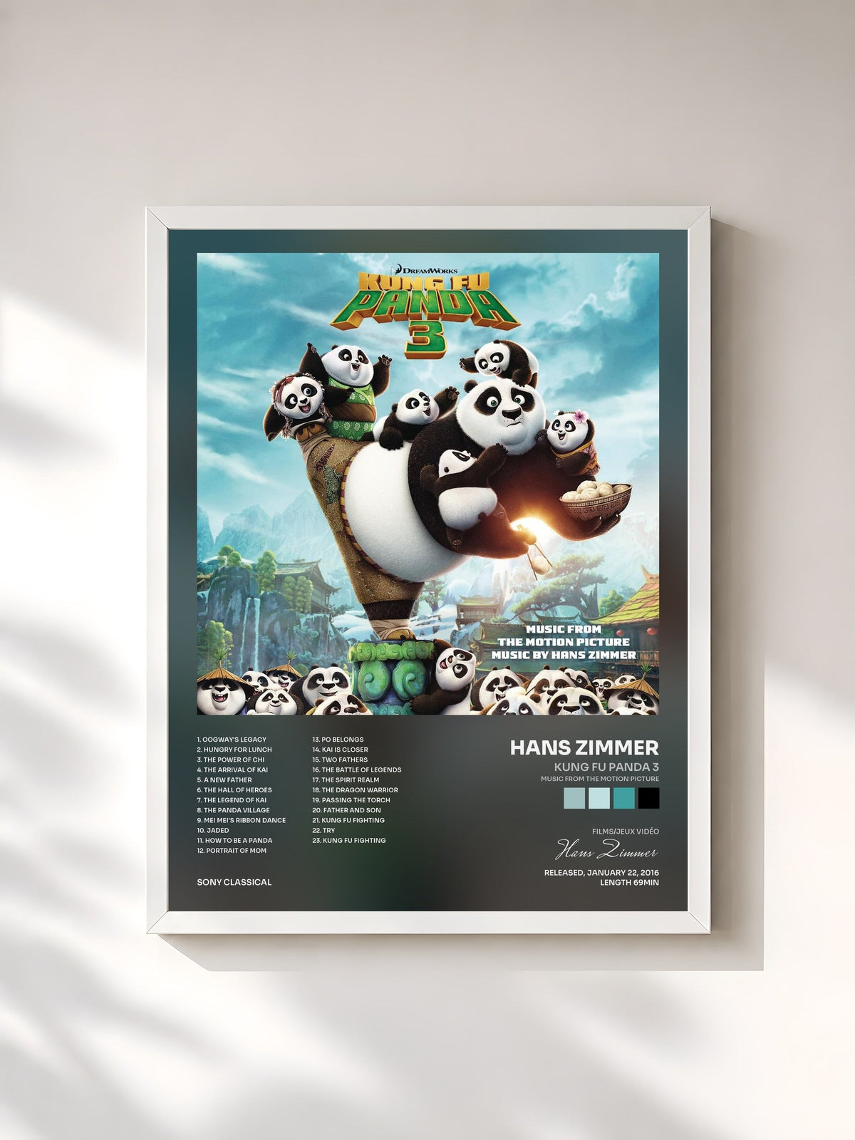 #blanc Tableau de l'album Kung Fu Panda 3 (Music from the Motion Picture) de Hans Zimmer, cadre blanc, imprimé et encadré en France