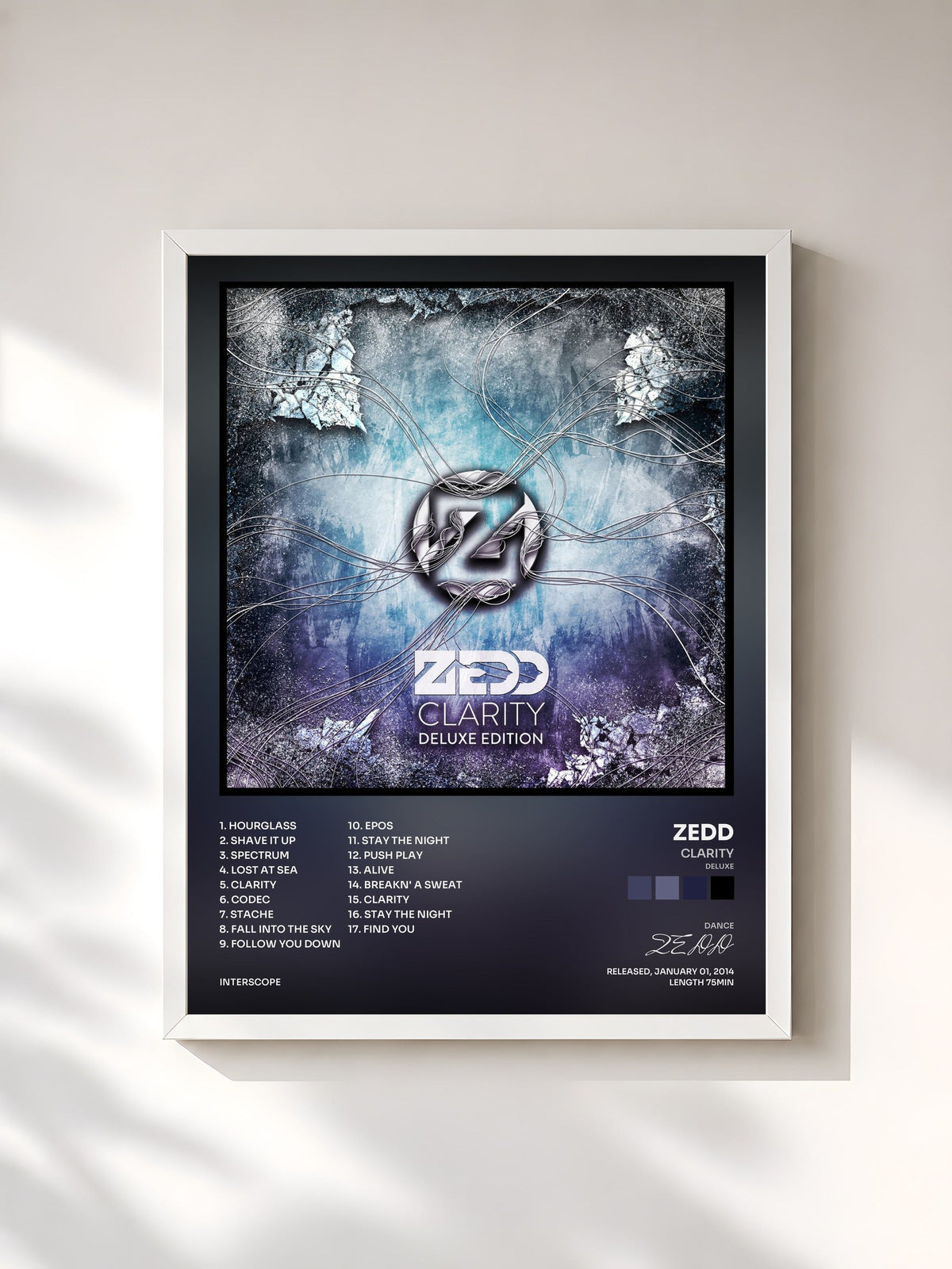 #blanc Tableau de l'album Clarity (Deluxe) de ZEDD, cadre blanc, imprimé et encadré en France
