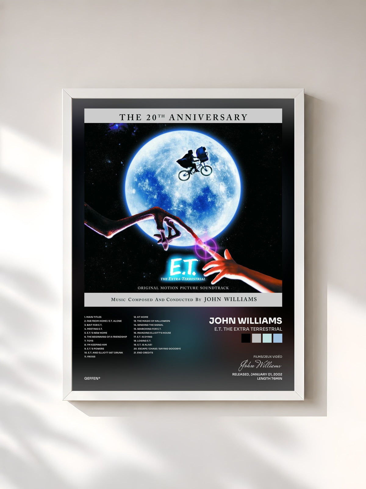 #blanc Tableau de l'album E.T. The Extra Terrestrial de John Williams, cadre blanc, imprimé et encadré en France