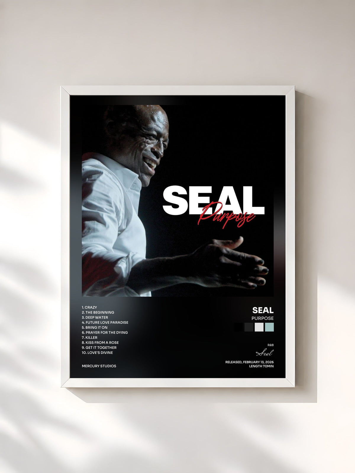 #blanc Tableau de l'album Purpose de Seal, cadre blanc, imprimé et encadré en France