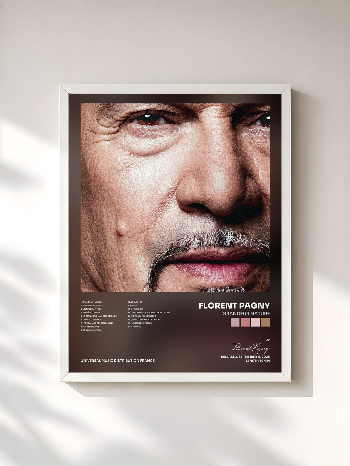 #blanc Tableau de l'album Grandeur Nature de Florent Pagny, cadre blanc, imprimé et encadré en France