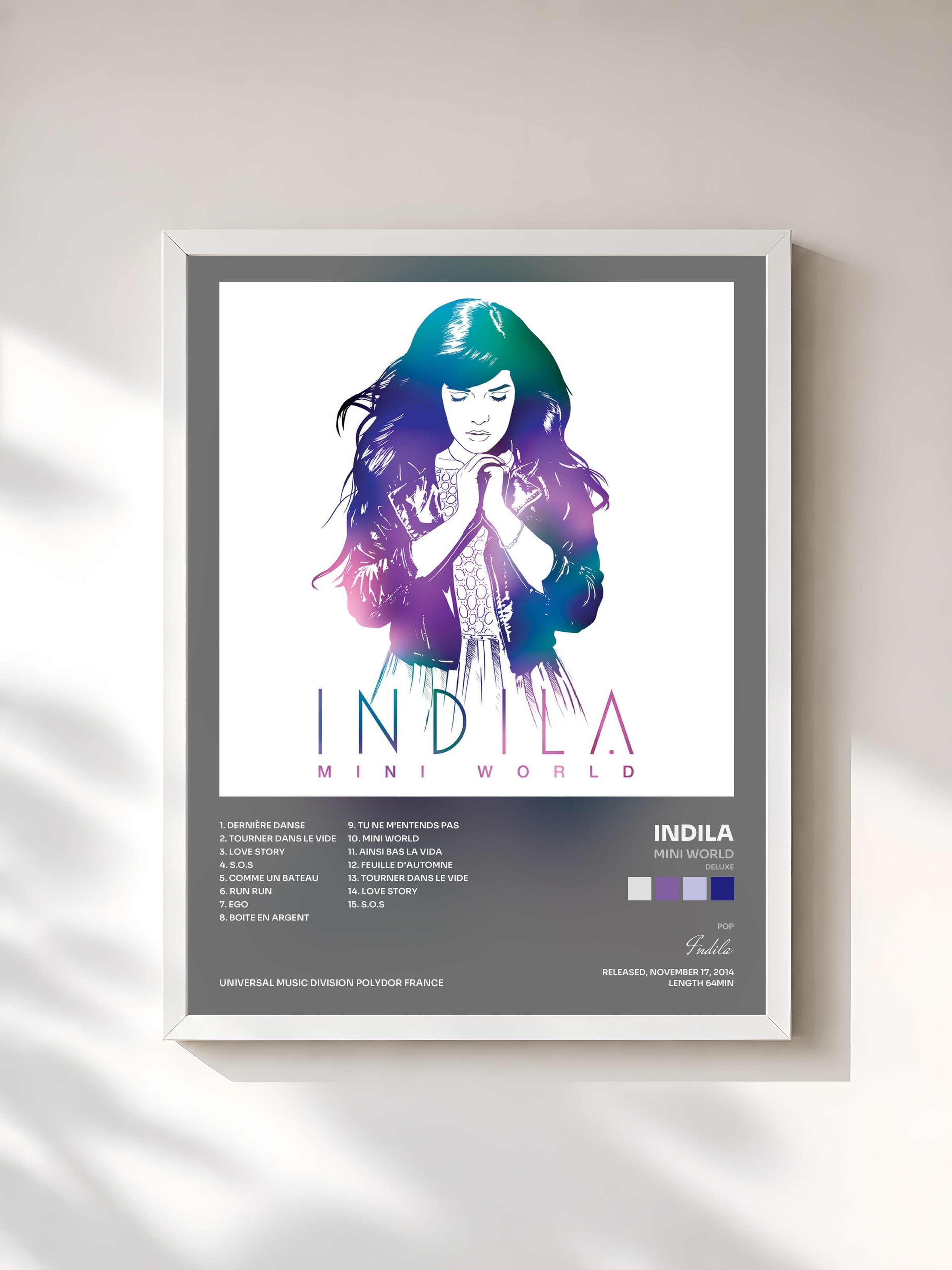 #blanc Tableau de l'album Mini World (Deluxe) de Indila, cadre blanc, imprimé et encadré en France