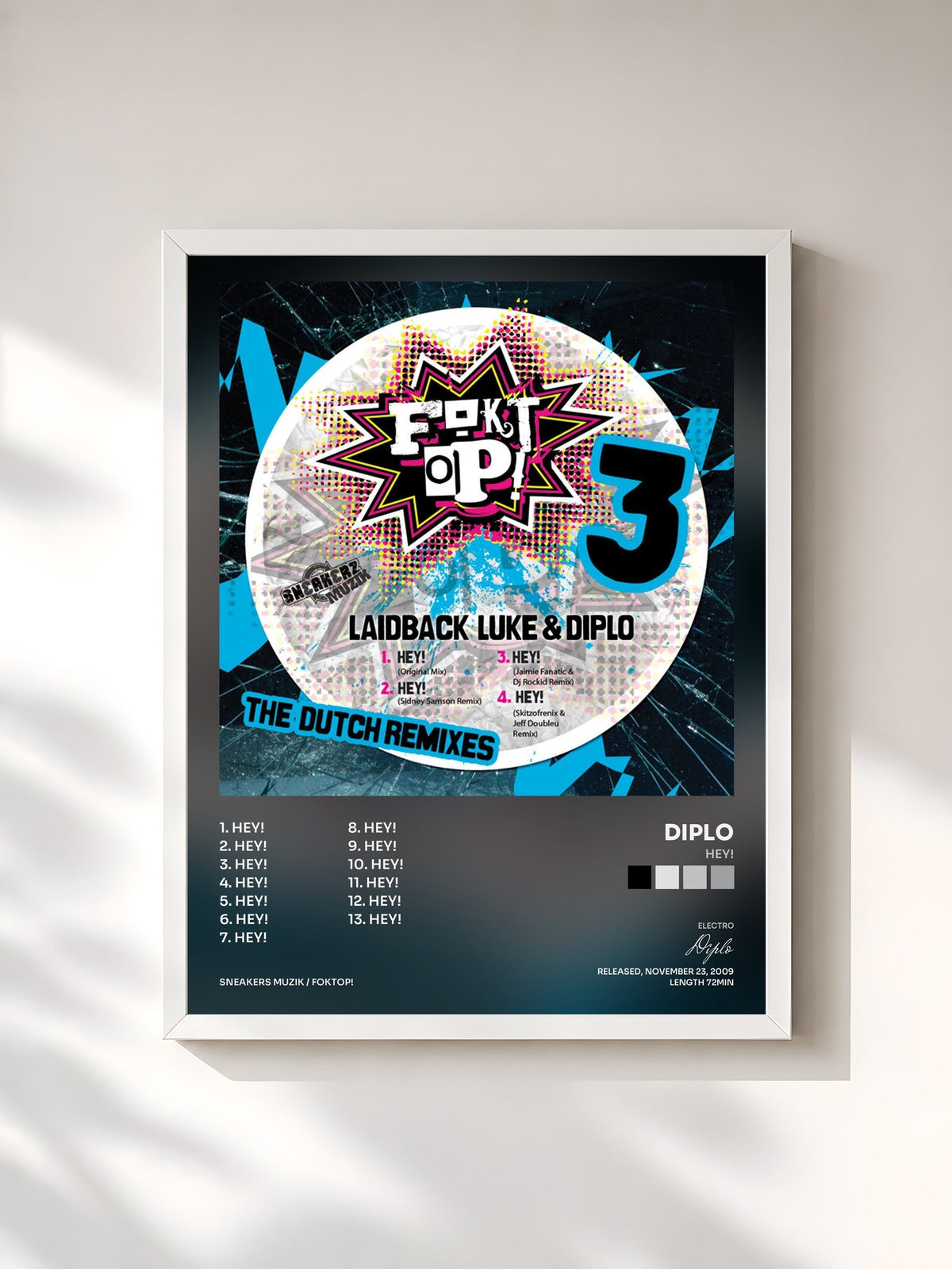 #blanc Tableau de l'album Hey! de Diplo, cadre blanc, imprimé et encadré en France