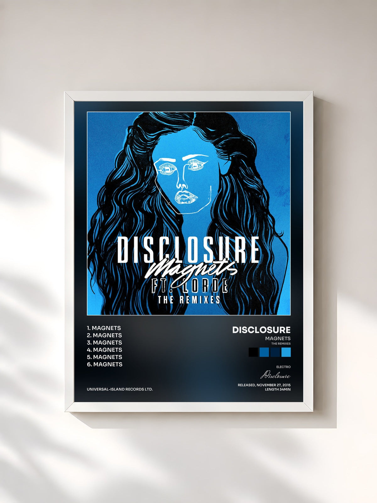 #blanc Tableau de l'album Magnets (The Remixes) de Disclosure, cadre blanc, imprimé et encadré en France