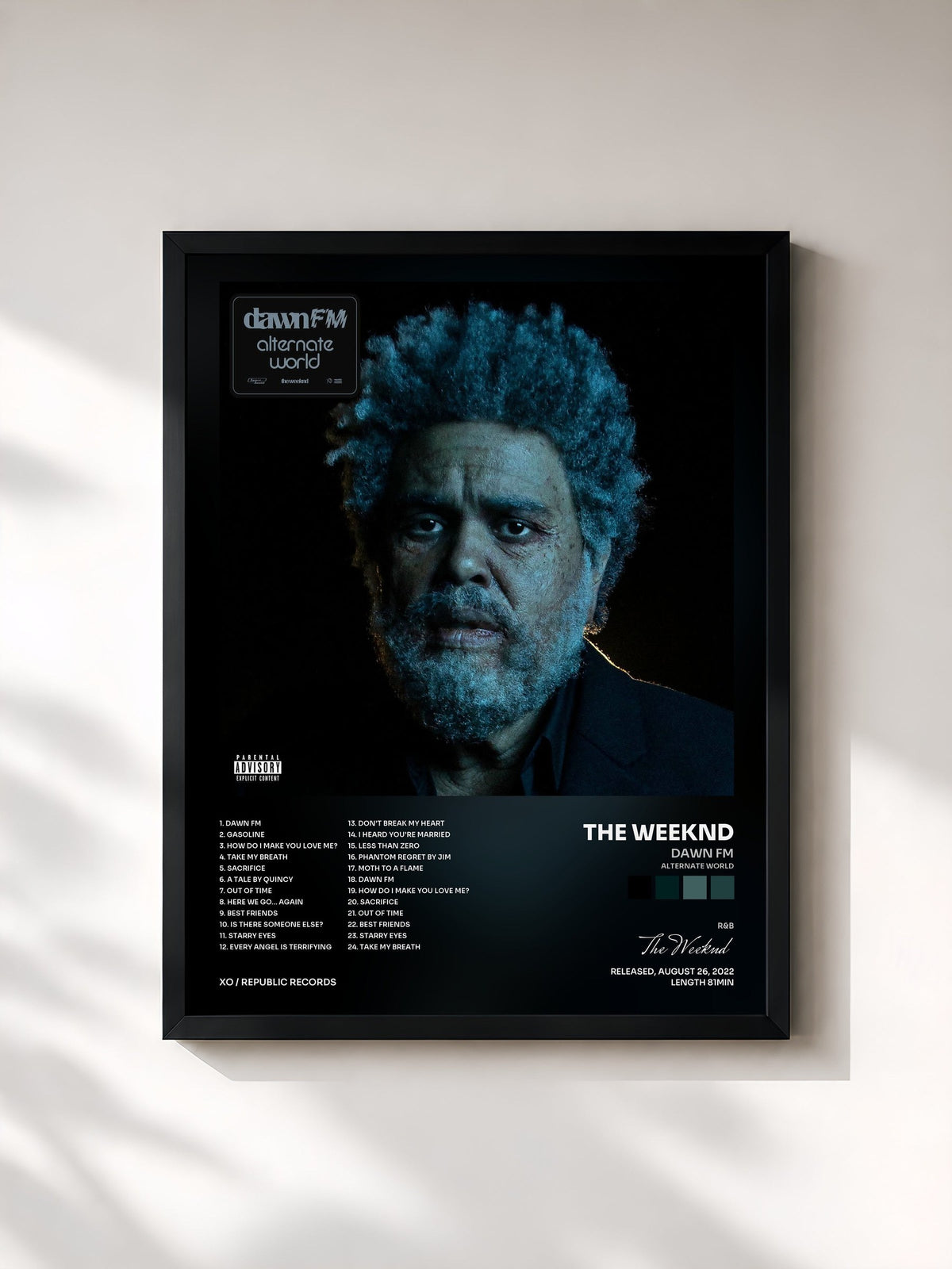 #noir Tableau de l'album Dawn FM (Alternate World) de The Weeknd, cadre noir, imprimé et encadré en France