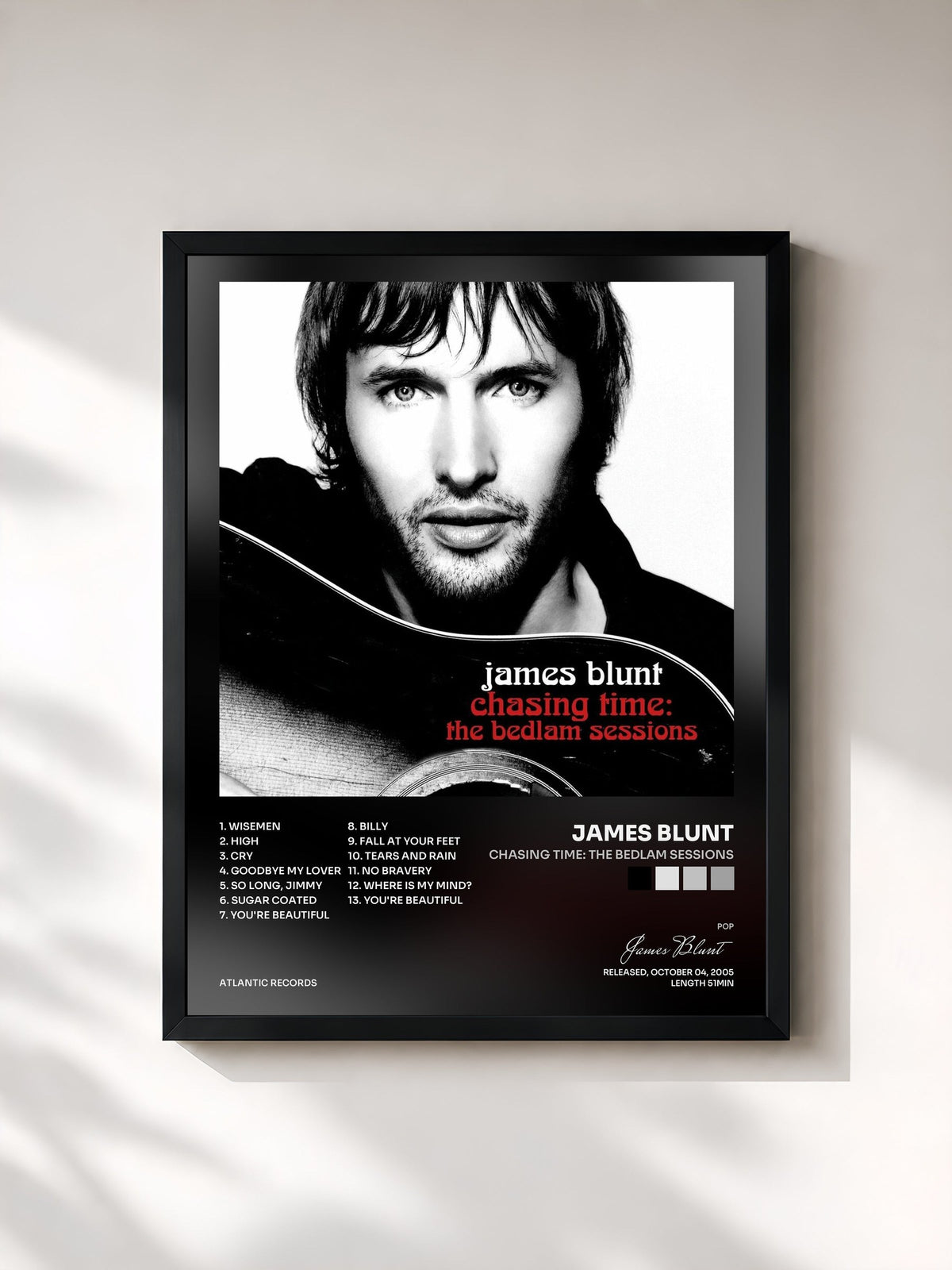 #noir Tableau de l'album Chasing Time: The Bedlam Sessions de James Blunt, cadre noir, imprimé et encadré en France