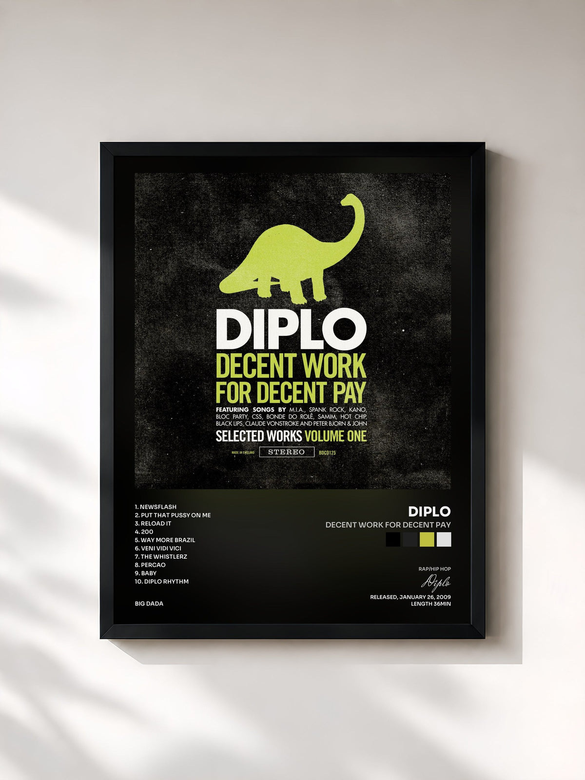 #noir Tableau de l'album Decent Work For Decent Pay de Diplo, cadre noir, imprimé et encadré en France