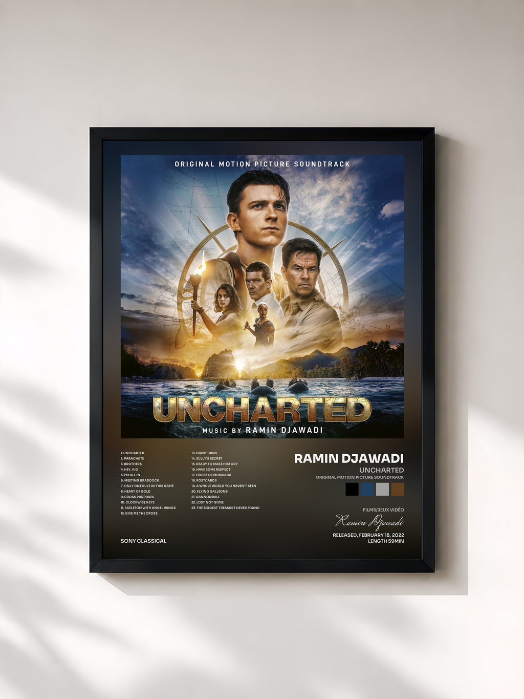 #noir Tableau de l'album Uncharted (Original Motion Picture Soundtrack) de Ramin Djawadi, cadre noir, imprimé et encadré en France