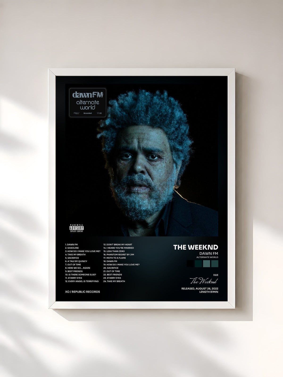 #blanc Tableau de l'album Dawn FM (Alternate World) de The Weeknd, cadre blanc, imprimé et encadré en France