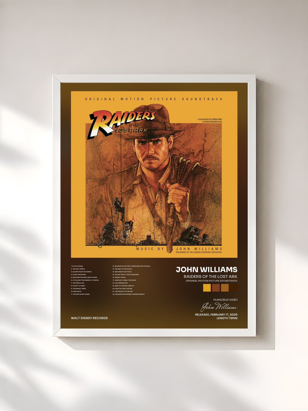 #blanc Tableau de l'album Raiders of the Lost Ark (Original Motion Picture Soundtrack) de John Williams, cadre blanc, imprimé et encadré en France